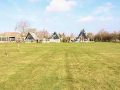 A large grassy field with three small a-frame cabins and some trees in the background at Silver Birch Lodge in Misterton