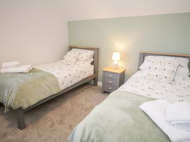 A bedroom with two single beds with green blankets and a bedside table with lamp at 14 Parc Delfryn in Brynteg near Benllech
