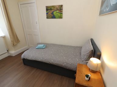 A bedroom with a single bed a wooden nightstand with a lamp and plant and floral paintings on the walls at Neland View in Windermere