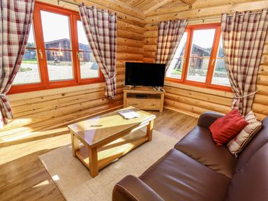 A living room with a brown leather sofa a wooden coffee table a television and plaid curtains at Elm Lodge in Greetham Rutland