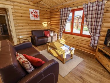 A living room with brown leather sofas a wooden coffee table and a window with plaid curtains at Elm Lodge in Greetham Rutland