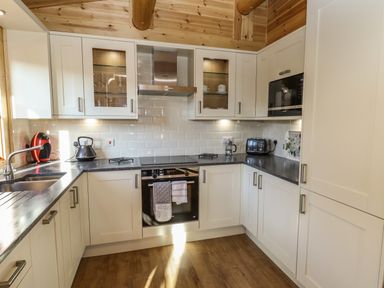 A kitchen with white cabinets a built in oven a microwave a kettle a coffee machine and a toaster at Elm Lodge in Greetham Rutland