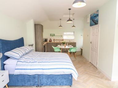 A studio apartment with a bed dining table kitchen and chairs at Byghan Thornton in Illogan