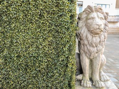 A stone lion statue next to a trimmed hedge at Bryn Min Manton Apartment in Caernarfon