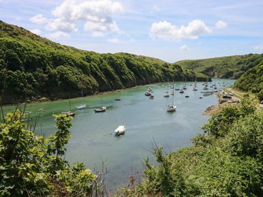 A river with boats anchored along the sides and hills covered with greenery at Bwthyn Canol in Haverfordwest