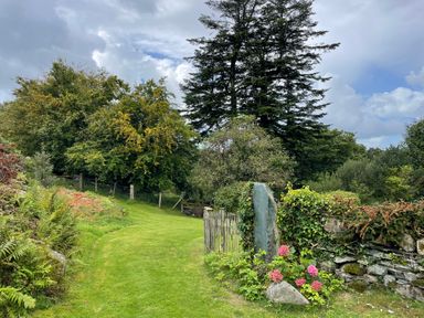 A grassy path bordered by trees and plants with a stone wall and pink flowers at Gelli Bach at Gelli Las in Llanbedr