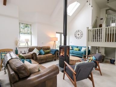 A living room with leather sofas a wood stove and a teal couch at Ysgoldy Brynwyre in Llanrhystud