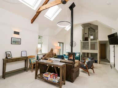 A living room with sofas a wood burning stove and a wall mounted tv at Ysgoldy Brynwyre in Llanrhystud