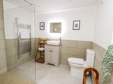 A bathroom with a toilet sink with mirror towel rack and wooden shelves at Ysgoldy Brynwyre in Llanrhystud