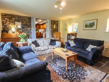 A sitting room with sofas a wooden coffee table a patterned rug a vase with flowers and a bookshelf at Tyddyn Bach Newport Pembrokeshire