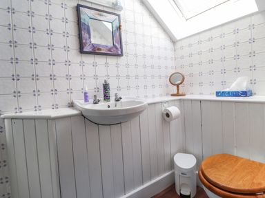 A small bathroom with a sink mirror toilet with wooden seat and a skylight at Tyddyn Bach in Newport Pembrokeshire