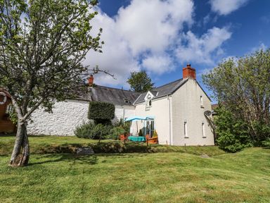A garden with trees and outdoor furniture in front of a white house at Tyddyn Bach in Newport Pembrokeshire