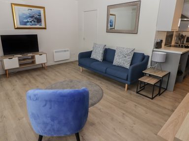 A living room with a blue sofa two pillows a blue armchair a round gray rug a TV on a wooden stand a side table with a lamp and a large mirror on the wall at 21 Coedrath Park in Saundersfoot