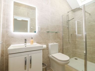 A bathroom with a sink cabinet with soap dispenser a mirror toilet and a glass shower enclosure at Yr Hen Feudy in Moelfre