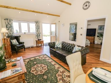 A living room with a green leather sofa armchair wooden furniture and a patterned rug at FAIRFIELD in Clee Hill