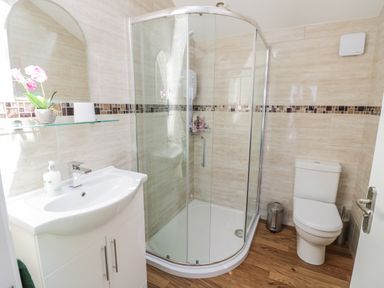 A bathroom with a white sink cabinet a glass shower enclosure and a toilet at FAIRFIELD in Clee Hill