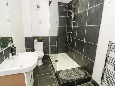A bathroom with a white sink, a toilet, a walk-in shower with a glass screen, black tiled walls and floor at Bwthyn Awel in Church Bay near Cemaes Bay