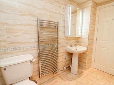 A bathroom with a toilet sink heated towel rail and mirror at Bridgend Cottages in Howey near Llandrindod Wells
