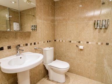 A bathroom with a pedestal sink a toilet a mirror and wall-mounted soap dispensers at Bridgend Cottages in Howey near Llandrindod Wells