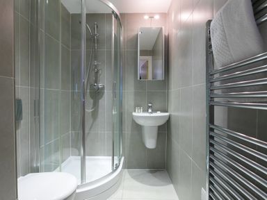 A bathroom with a corner shower enclosure a wall mounted sink a mirrored cabinet a toilet and a heated towel rail at The Waves in St Ives
