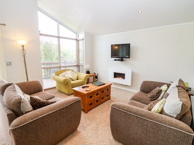 A living room with two brown sofas a green armchair a wooden coffee table a wall-mounted television and an electric fireplace at Oak Lodge in Glasshouse