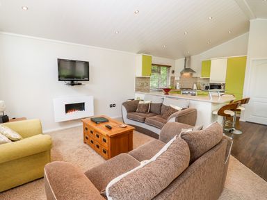 A living room with brown and green sofas a wooden coffee table a wall mounted TV and a kitchen with green cabinets at Oak Lodge in Glasshouse