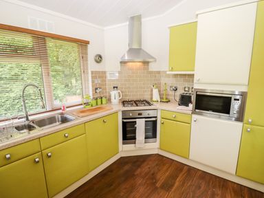 A kitchen with green cabinets a double sink a gas stove oven microwave and window blinds at Oak Lodge in Glasshouse