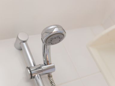 A close up of a chrome adjustable shower head mounted on a vertical rail in a tiled bathroom at Cornerways in Carbis Bay