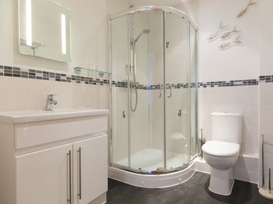 A bathroom with a shower enclosure a toilet a sink and a mirror at Elanora in Carbis Bay
