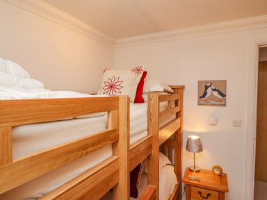 A bedroom with wooden bunk beds a bedside table with a lamp and clock and a wall painting of two puffins at Gennaker in Carbis Bay