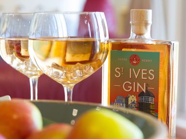 A bottle of St Ives gin with two glasses containing liquid and ice cubes and a bowl of apples in the foreground at Kernow's Dream in Carbis Bay