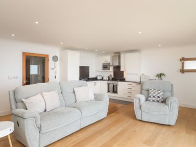 A kitchen and living area with a grey sofa and armchair at Kernow's Dream in Carbis Bay