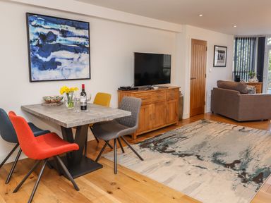 A dining table with colorful chairs and a vase with yellow flowers next to a television on a wooden cabinet in a living room with a patterned rug at The View in St Ives