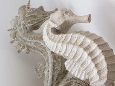 A close up of two decorative seahorse sculptures attached to a wall at The View in St Ives