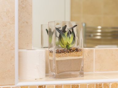 A bathroom shelf with a roll of toilet paper and a glass container with layered sand and a small artificial plant at Portside in Carbis Bay