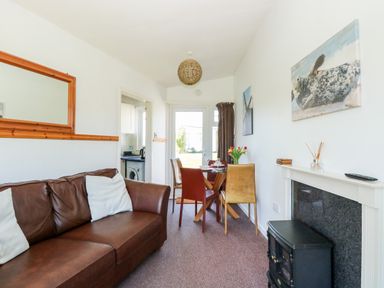 A living room with a brown sofa a dining table with chairs and a fireplace at Chalet 150 in Winterton-On-Sea
