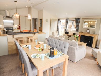An open plan living room and kitchen with dining table set for breakfast and sofas near a fireplace at Seagull Lodge in Runswick Bay