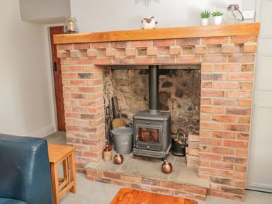 A wood burning stove inside a brick fireplace with wood logs and ash bucket in a living room at Woolley Lodge in Wooler