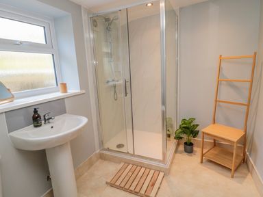 A bathroom with a pedestal sink, glass-enclosed shower, wooden chair, small potted plant, and frosted window at Woolley Lodge in Wooler