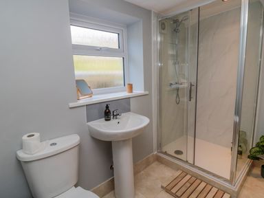 A bathroom with a toilet, pedestal sink, glass shower enclosure, and a window at Woolley Lodge in Wooler
