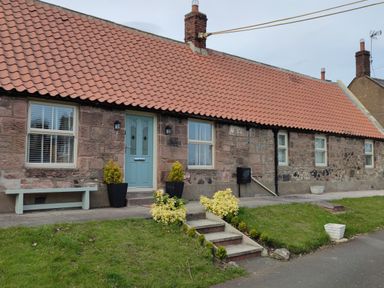 Stone house with red tiled roof and blue door with steps and plants in front at Woolley Lodge in Wooler
