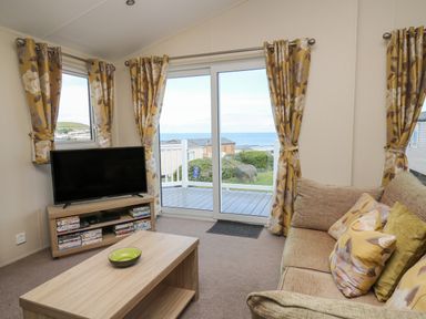 A living room with a sofa coffee table and television with DVDs at The Potting Shed in New Quay