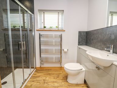 A bathroom with a shower enclosure toilet sink and towel radiator at Llyn Cae Ty Nant Fishery Holiday Let in Bwlchllan near Llangeitho