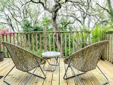 A wooden deck with two wicker chairs a small round table and potted plants surrounded by trees at Twigs in Woody Bay