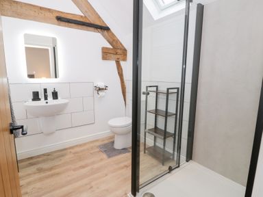 A bathroom with a shower, sink, and toilet at Merddwr in Cerrigydrudion