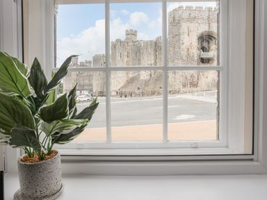 A window with a green potted plant on the sill looking out to a large stone castle at Nantlle in Caernarfon