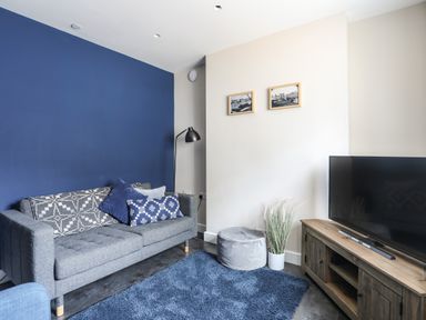 A living room with a grey sofa and cushions a floor lamp a grey pouf a plant and a television on a wooden stand at Nantlle in Caernarfon