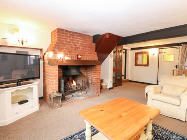 A living room with a brick fireplace a television on a white stand a wooden coffee table and an armchair at Phloxhaven in Reedham