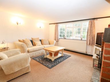 A living room with beige sofas a wooden coffee table a rug a television and a large window with curtains at Phloxhaven in Reedham