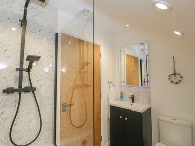 A bathroom with a shower area a sink with a cabinet a mirror and a toilet at Bramley Cottage Henley near Langport